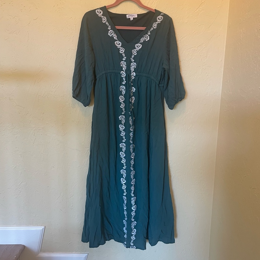 Polagram Dark Teal Long Sleeve Dress with White Embroidery